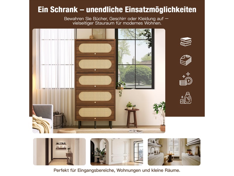 Armoire haute 5 abattants mdf et métal coloris noyer avec rotin 80 x 40 x 163 cm - Conforama E