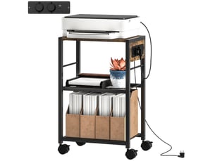 Supportétagère pour imprimante à roulettes, prises électriques, ports usb et usb-c, supporte jusqu'à 40 kg, couleur marron rustique.