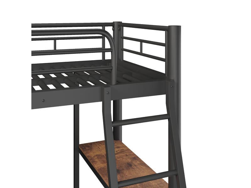 Lit mezzanine avec bureau 90x200 cm, lit en métal noir avec double escalier et barrière de sécurité haute pour chambre d'enfant. - Conforama W