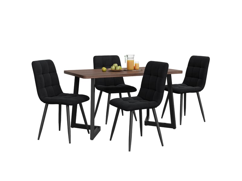  Ensemble table et 4 chaises moderne, plateau mdf bois foncé et assises en velours noir pour votre salle à manger  - Conforama A