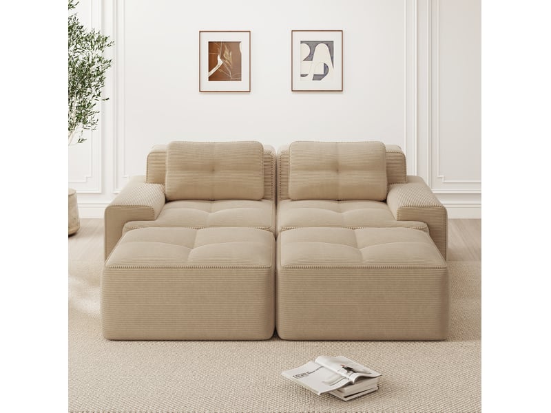  Canapé modulable 2 places avec ottoman en velours côtelé beige  - Conforama B