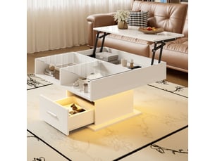 Table basse, verre, panneau de particules, portes vitrées, led d'ambiance, commande par app, design moderne et fonctionnel pour salon
