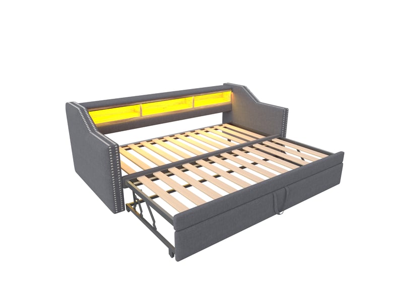  Lit banquette extensible 90180x190 cm – gris foncé – sommier à lattes, led, usb et 3 niches latérales  - Conforama D
