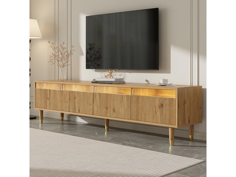  Meuble tv bas 178x35x45cm avec passe-câbles rangement | design minimaliste effet bois et façades acrylique | 4 tiroirs charge 50kg - bois naturel  - Conforama B