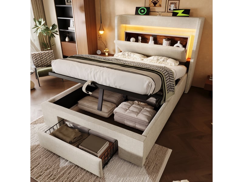  Lit superposé 90 x 200 et 140 x 200 cm avec escalier de rangement et garde-corps, étagères et port usb-c, bois, couleur bois Morn Vibe - Conforama C