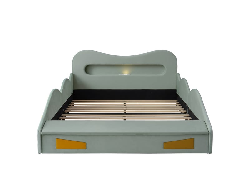  Lit pour enfant 140x200 cm, lit voiture, rembourré, liseuse, port de charge, coffre au pied, roues, flanelle, vert  - Conforama A