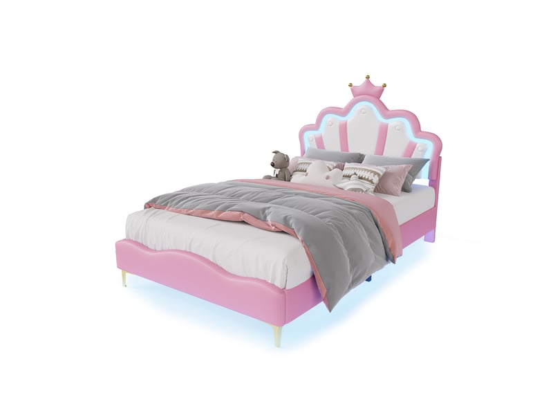  Lit 140x190cm - lit enfant 140x190 - lit double rembourré avec tête de lit couronne, led rgb - moderne - en similicuir pu - rose  - Conforama D