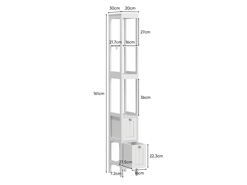 Colonne de salle de bains 20x30x161 cm blanche avec 2 tiroirs et 3 étagères - Conforama C