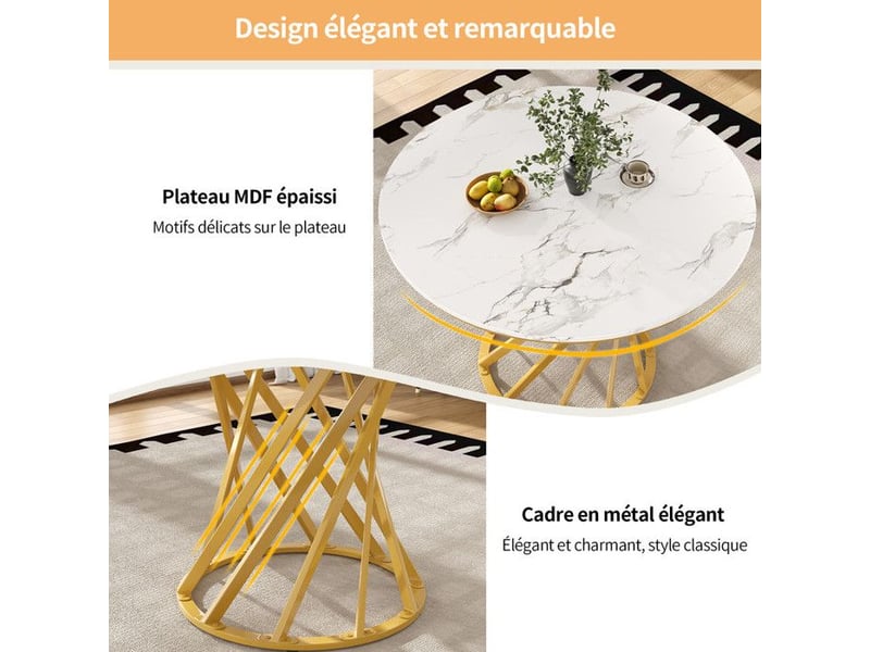  Table à manger ronde 80cm - plateau imitation marbre &amp; pieds métal dorés réglables - pour 4 personnes - idéale cuisinesalon 80x80x76cm - Conforama C