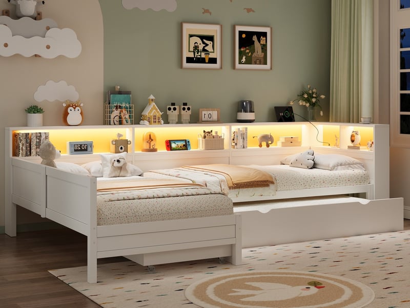  Lit plateforme en bois, 90x200 cm, forme de l, avec lit gigogne, tiroir et éclairage led, blanc  - Conforama B
