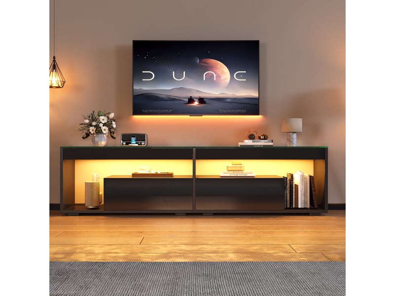  Meuble tv led noir brillant 180 cm pour tv jusqu'à 70 pouces avec 2 tiroirs et plateau en verre trempé  - Conforama D