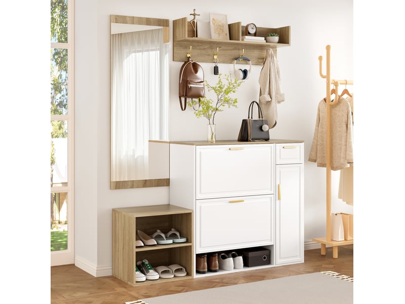  Ensemble vestiaire d'entrée 4 pièces avec meuble à chaussures, banc, panneau mural et miroir, blanc et décor bois naturel  - Conforama B