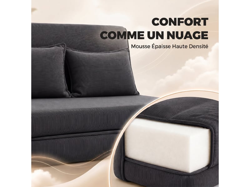 Canapé-lit pliant, chauffeuse 2 places convertible velours côtelé, dossier réglable, assise large, gris, 2 oreillers - Conforama R