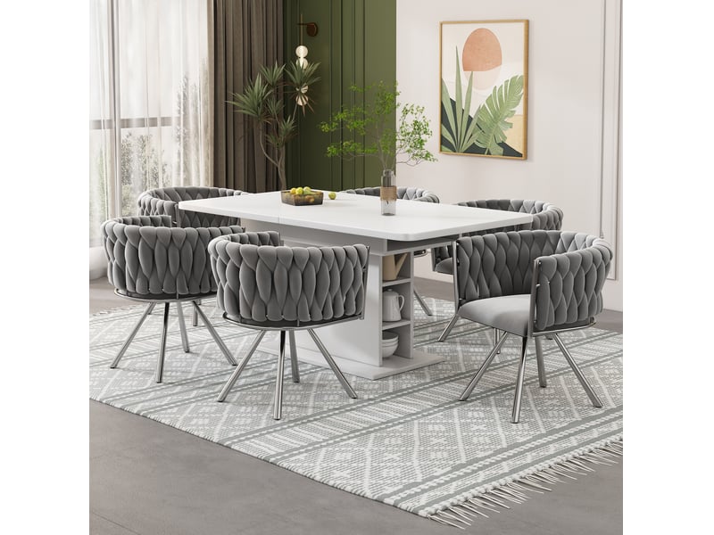  Lot de 6 chaises de salle à manger, chaise de salon et chambre, structure métallique, pied argenté, revêtement velours gris, design  - Conforama B