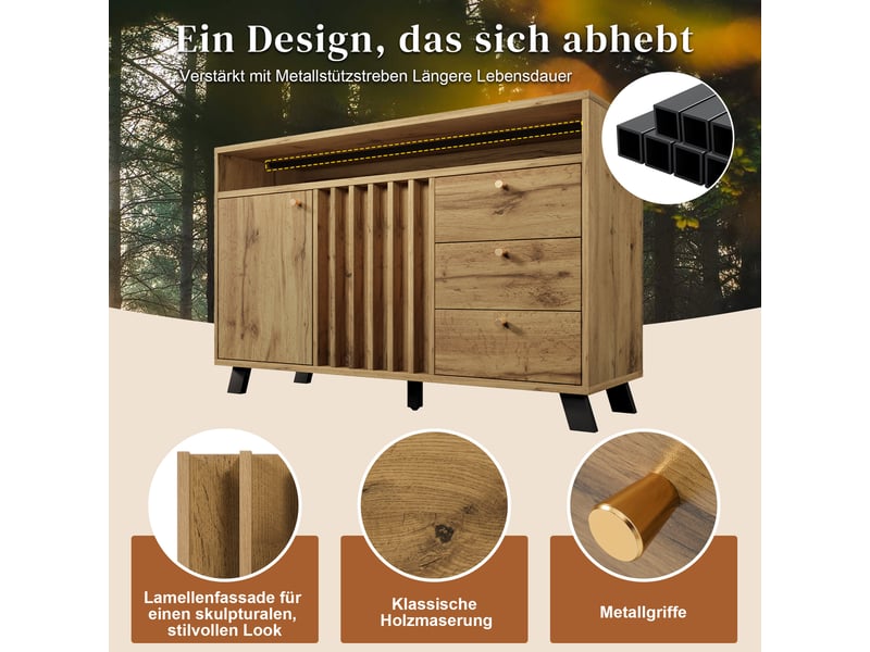  Buffet chêne foncé 120 cm, commode vintage 3 tiroirs et portes à lattes pour salon. Matelas non inclus.  - Conforama C