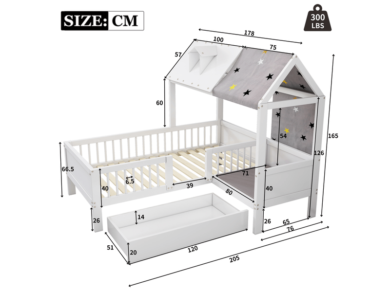 Lit cabane enfant 90 x 200 cm - lit cabane miniature - lit enfant - tiroirs de rangement - livré avec toile de tente et oreiller  - Conforama C