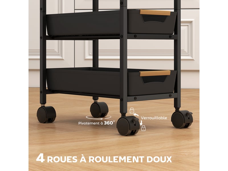  Desserte de cuisine 5 niveaux 4 tiroirs sur roulettes métal noir 39,5x24x82 cm  - Conforama E