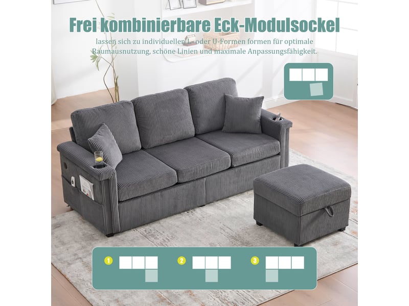  Canapé d’angle 3 places 194x73x81 cm avec led, usb-c, repose-pieds coffre, porte-gobelets, poches, salon chambre bureau, velours côtelé, gris foncé Bubbly - Conforama E