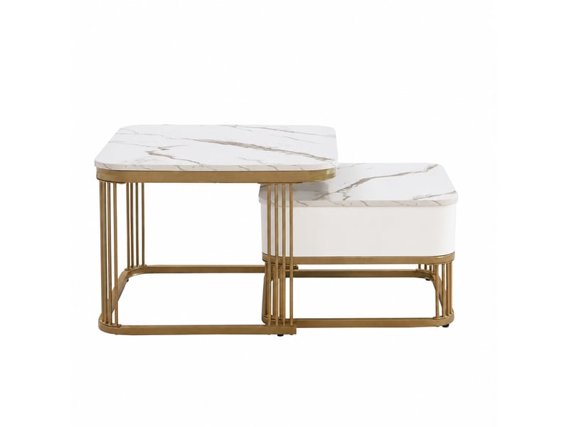  Ensemble de 2 tables basses gigognes effet marbre brillant blanc et doré avec tiroir, ø 60 et 50 cm  - Conforama A