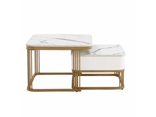 Ensemble de 2 tables basses gigognes effet marbre brillant blanc et doré avec tiroir, ø 60 et 50 cm