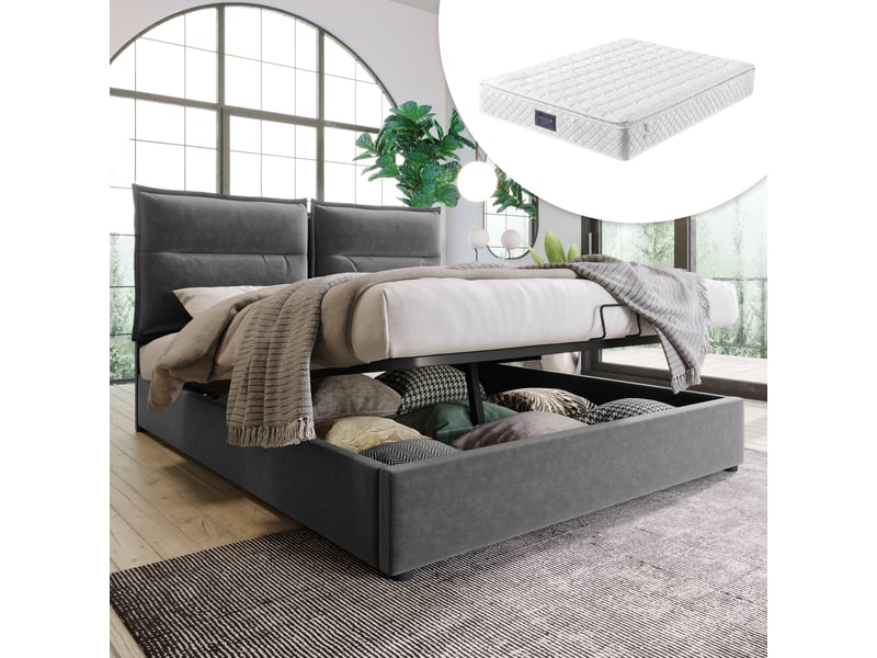  Lit double rembourré 140 x 200 cm avec coffre hydraulique, tête de lit réglable et matelas 25 cm inclus, velours gris Fay Lum - Conforama B