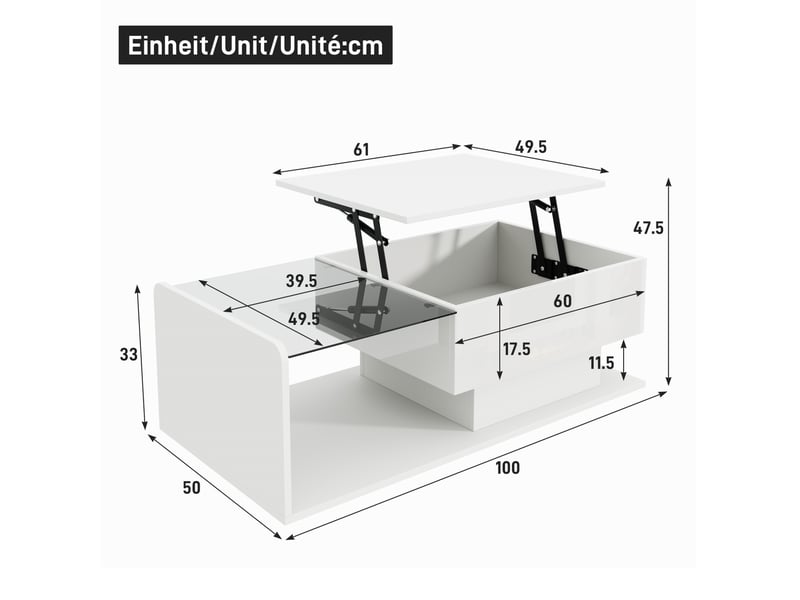  Table basse 100x50x3347.5 cm réglable en hauteur avec led, plateau en verre trempé blanc  - Conforama E