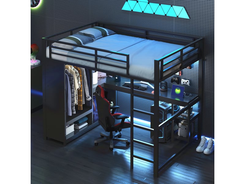  Lit mezzanine gaming 140x200 cm noir, avec bureau, led, rangements, penderie ouverte, structure métal, sommier inclus, sans matelas  - Conforama W