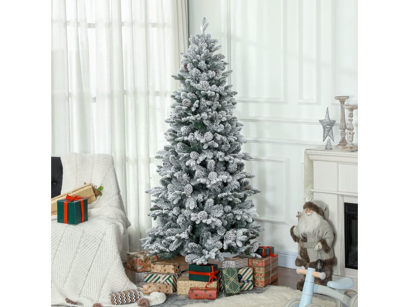  Sapin de noël artificiel 180 cm arbre de noël avec support en métal 1489 branches enneigées, pommes de pin, vert  - Conforama D