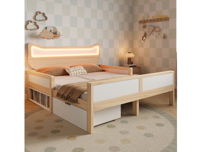  Lit enfant 140x200 cm avec led rgb, barrières et tiroir réversible, blanc et chêne  - Conforama D