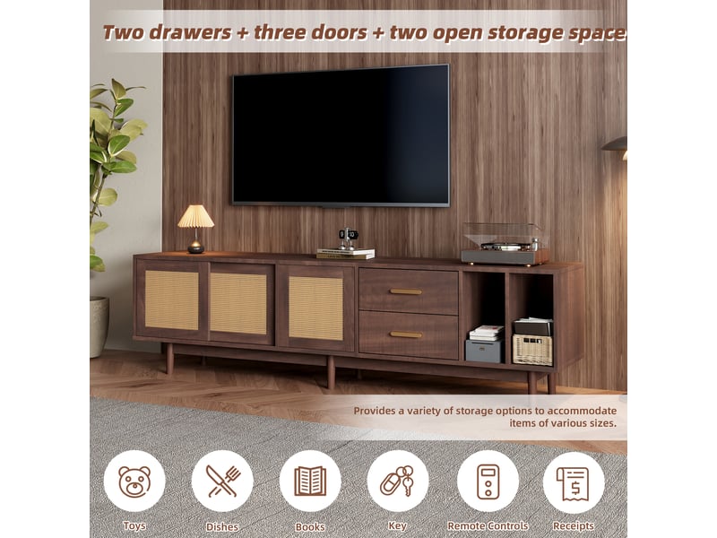  Meuble tv 190 cm pour écran 75 pouces, meuble tv en mdf marron et rotin avec 2 tiroirs, 3 portes et rangements ouverts  - Conforama W