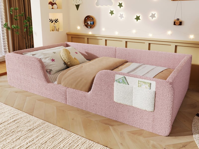 Lit enfant, 90 x 190 cm, barrières de sécurité amovibles, poche de rangement intégrée en tissu, revêtement en velours, rose - Conforama B