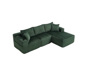 Canapé d'angle modulable ulevr 3 places avec chaise longue, poches latérales et porte-gobelets, 257 x 160 cm, velours côtelé vert émeraude