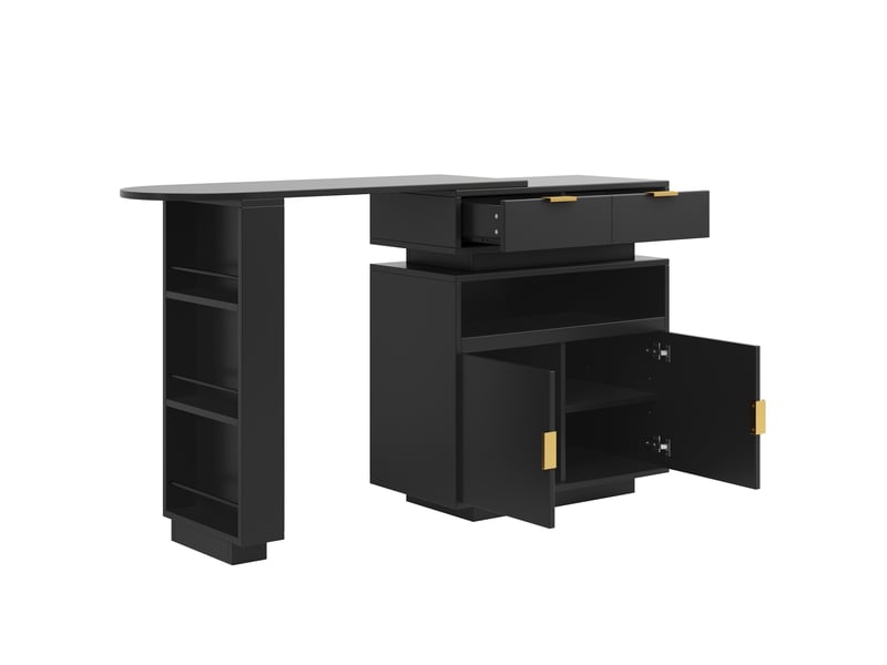  Table de bar extensible noire 115-183×40×99 cm, îlot cuisine, led, rangement, rotation 360°, bar mobile  - Conforama E