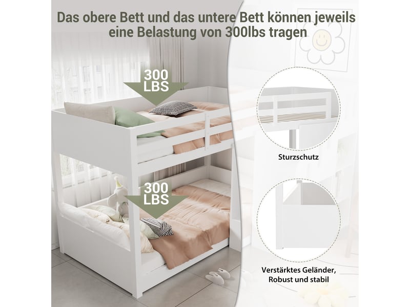  Lit superposé enfant 90x200 blanc en bois massif avec escalier et rangements - barrière de sécurité robuste  - Conforama R