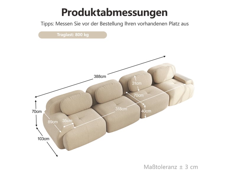Canapé modulable 4 places en velours côtelé beige, 388 x 103 x 70 cm, sans armature, sans montage, livré compressé, base antidérapante, pour le salon CARDUME ESTIVAL - Conforama C