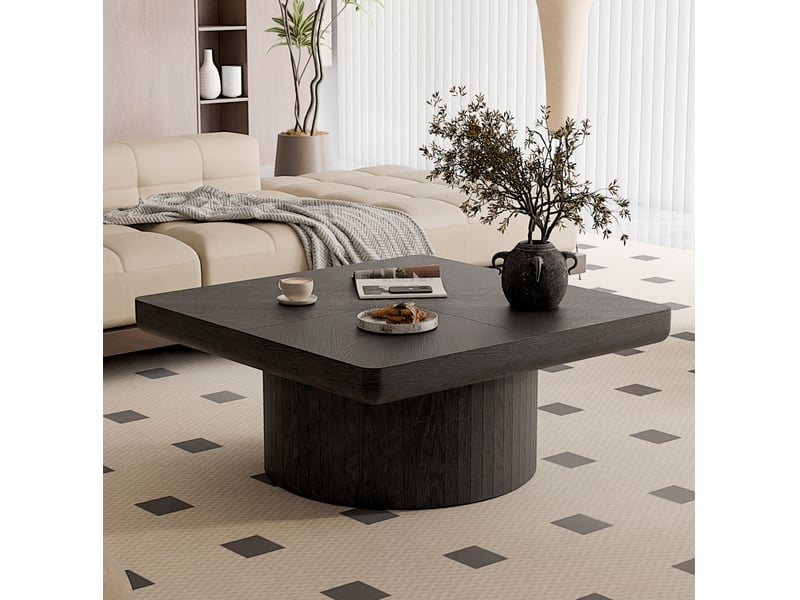  Table basse carrée moderne noire 78 x 78 cm – plateau plaqué motif parquet, pied cylindrique  - Conforama B