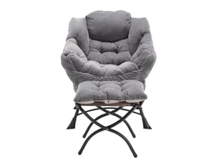 Fauteuil lounge gris avec repose-pieds, accoudoirs et poche latérale, idéal petit espace