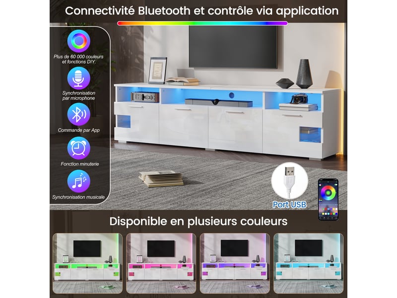  Meuble tv mural 180x35x45 cm - éclairage led contrôlable par application - mdf et panneaux de particules - blanc CozyNest - Conforama E