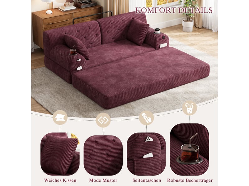 Canapé droit convertible 2 places 168 x 80 x 81 cm avec dossier haut, 2 porte-gobelets et 4 poches latérales, velours côtelé, bordeaux Morn Vibe - Conforama D
