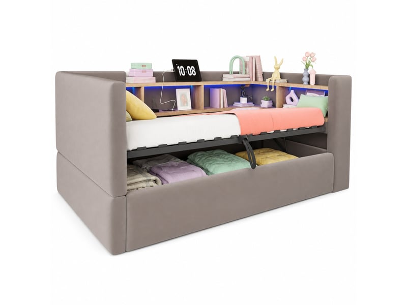  Lit avec coffre, 90x190 cm, rangement hydraulique, led, prises, rangements, matelas non inclus, velours, coloris gris  - Conforama A