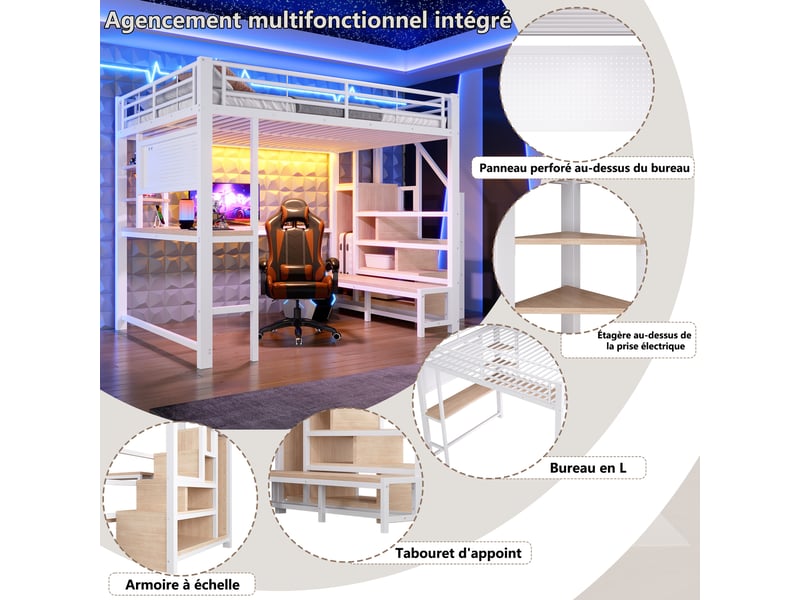  Lit mezzanine 140x200 cm – avec bureau rangement led usb et échelle – métal et mdf – blanc CozyNest - Conforama D