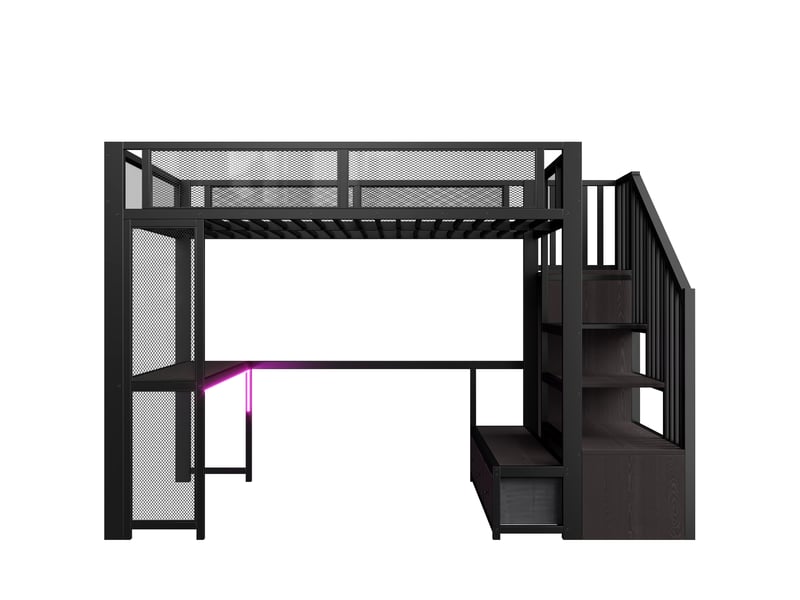 Lit mezzanine 140x200 cm noir, avec bureau, 3 tiroirs, penderie, escalier de rangement, led 16 couleurs, usb, structure métal, sommier inclus, sans matelas - Conforama E
