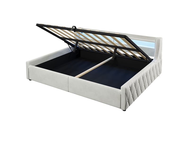  Lit coffre 140 x 200 cm à rangement hydraulique éclairage led revêtement velours coloris beige structure plateforme  - Conforama E