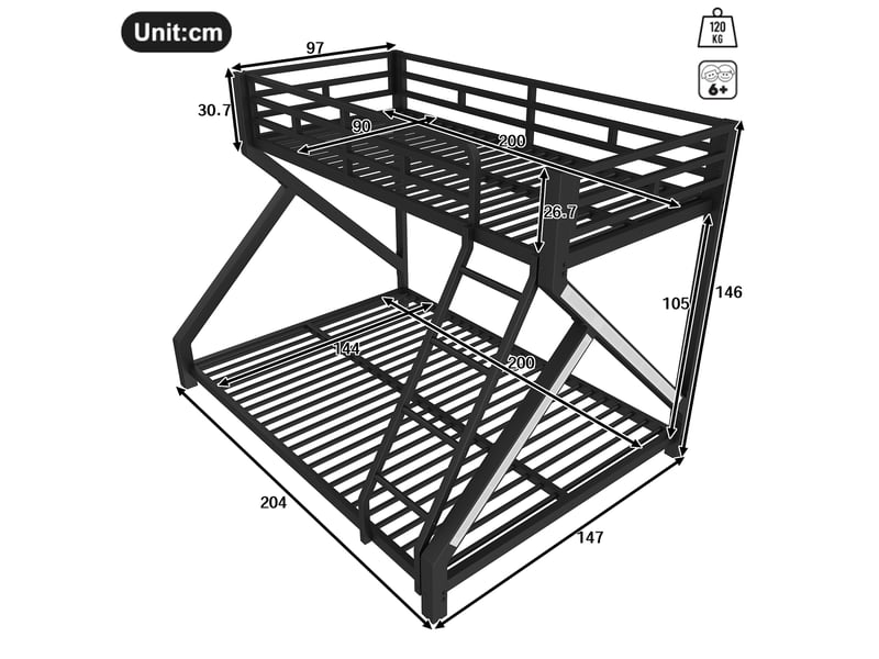  Lit superposé en métal noir 90 x 200 et 140 x 200 cm avec éclairage led, échelle et barrières pour chambre enfant  - Conforama C