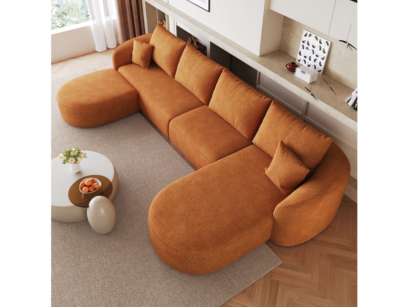  Canapé d’angle panoramique en u 5 places en tissu chenille orange, 336x168x85 cm  - Conforama R