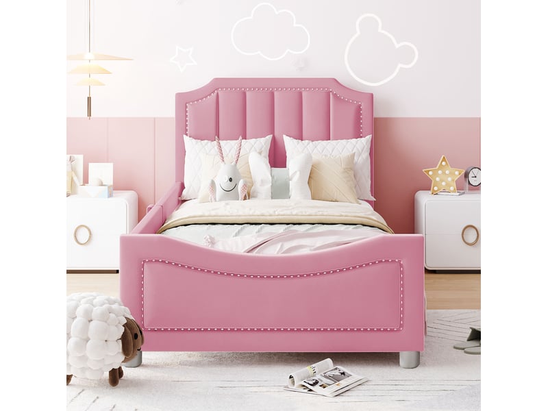  Modenvie lit enfant rembourré 90x200 cm - flanelle douce, sommier 12 lattes, sans matelas - rose  - Conforama E
