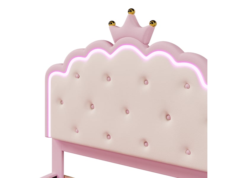  Lit enfant 140x200 cm avec tête de lit couronne, éclairage led, sommier à lattes, sans matelas, rose  - Conforama E
