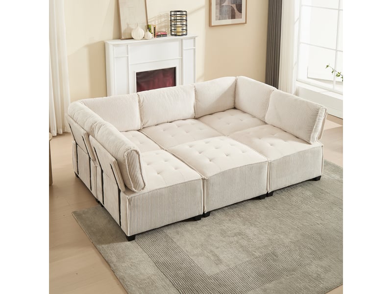  Canapé modulable,308x154x82 cm,6 places avec poches,velours côtelé,beige  - Conforama E