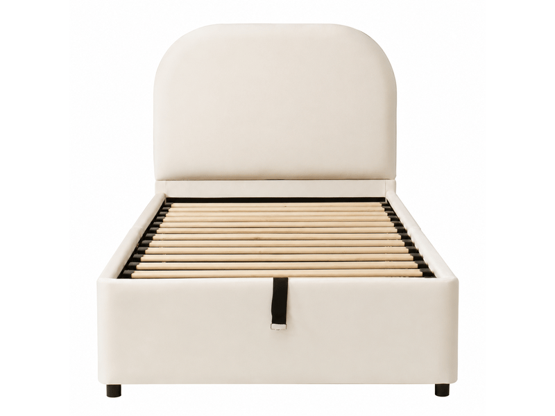  Lit coffre enfant 90 x 190 cm beige velours avec sommier à lattes tête de lit rembourrée rangement hydraulique  - Conforama A