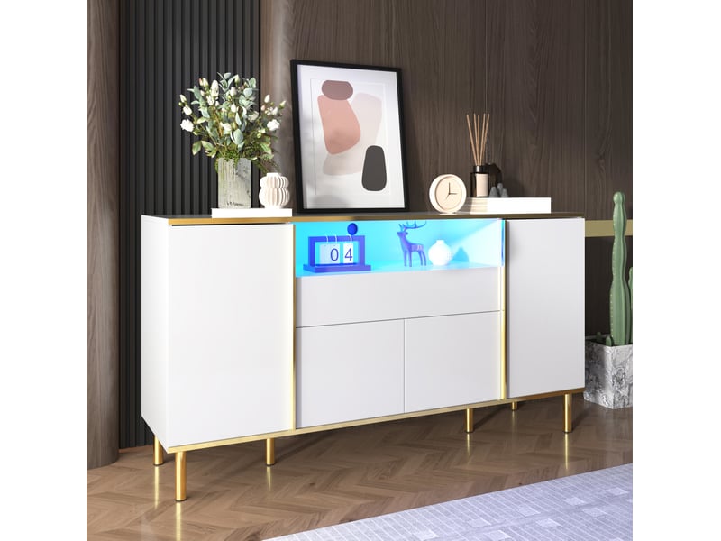  Buffet bas 150 x 40 x 80 cm blanc brillant en mdf et panneau de particules, 4 portes, 1 tiroir, led intégrée  - Conforama B